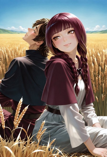 masterpiece, best quality, very aesthetic, highly detailed, detailed, absurdres, highres, newest, moyataro, 
hetero, looking at another, couple focus,
((1girl, morgana_hifm, 
yellow eyes, blush, happy, beautiful smile, glossy lips, twin braids, blunt bangs, capelet, sitting, back to back, sideways glance, looking back at another))
BREAK
((1boy, jacopo_hifm, head back, turning head, sitting, back to back, looking back at another))
BREAK
blue sky, wheat field, 
film grain, cinematic lighting,
dynamic pose, depth of field, detailed background
