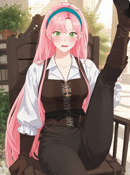 score_9_up, score_8_up, score_7_up, (Anime_source), open mouth, in garden, looking at viewer,<lora:Ailette_Rodeline_-_The_Perks_of_Being_an_S-Class_Heroine-PONY-Kaleid:1>ailette rodeline, long hair, pink hair, eyes green, 1girl, necklace, bangs, braid, hairband (large breasts:1.3) belt, brown pants, gloves, thigh boots, white shirt, sitting on chair, legs up, (facing viewer:1.5), (4k), embarrassed, blushed