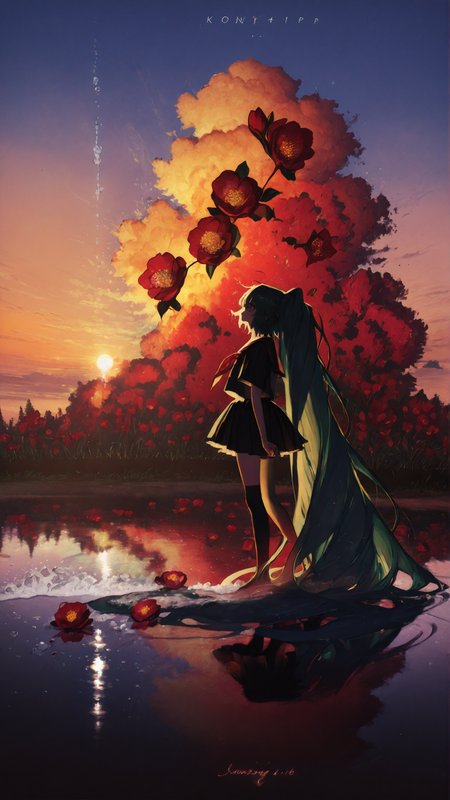 masterpiece, newest,absurdres,incredibly absurdres, best quality, amazing quality, very aesthetic, 
1girl, absurdly long hair, oversized camellia, creek, surreal, foam, reflective water, red lily, sunset,
  <lora:KonYa666:1> kony4666 <lora:p1ge0n666:1> p1ge0n666_illu