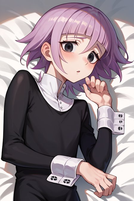 score_9, score_8_up, score_7_up, score_6_up, source_anime, solo,  <lora:crona-pdxl-nvwls-v1-000005:1> crona, purple hair, short hair, black eyes, white collar, black dress, long sleeves, long dress, wrist cuffs, lying on side, looking at you, chestnut mouth, blush