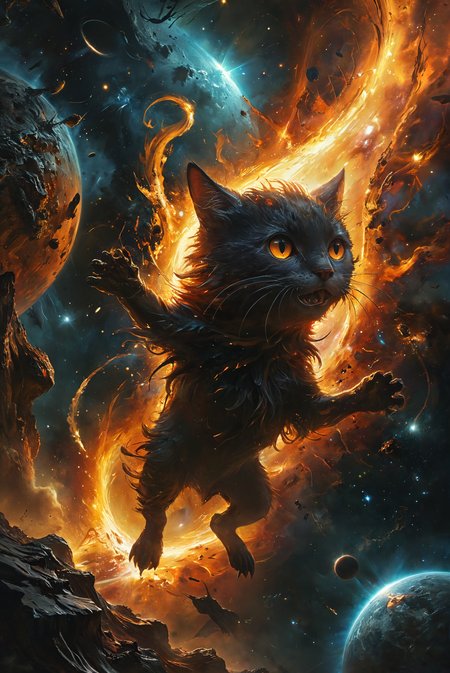 Depict a brutal cosmic event unfolding in the vastness of space. A sun is gradually being absorbed by a black hole, its fiery surface stretched and twisted as it's pulled into the abyss. Observing from a distant planet, the viewer is filled with helplessness, witnessing the cataclysmic spectacle. The distortion of time and space creates a surreal atmosphere, with light bending and stars warping around the event horizon. The entire scene feels unreal, almost artificial, raising the question: could this truly be happening? The viewer's perception is challenged as reality itself seems to break down in the presence of such a monumental event.
hyperdetailed photography, masterpiece, best quality, high quality, highres, ultra-detailed, best quality, 8K, high resolution, extreme detail,
<lora:add-detail-xl:2>  <lora:MJ52:0.5>  <lora:DetailMaximizer:0.5> <lora:tbh266-sdxl:0.5> style of Bestiary