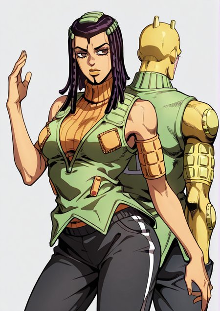 3rme5, (jjba:0.6), 1girl, ermes costello, using standpower, sleeveless, orange turtleneck sweater, green jacket, black sports trackpants, hand raised, \(jojo\), K1s5, yellow skin, bald, pink pins, covered in stickers, standing behind,  <lora:Jojos_Bizarre_Adventure_Ermes_Costello_-_IL:0.7>