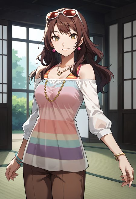score_9, score_8_up, score_7_up, score_6_up, score_5_up, score_4_up, source_anime
1 girl, solo, 
p4rise, kujikawa rise, long hair, brown hair, earrings,
p4rise-timeskip, alternate hairstyle, hair down, eyewear on head, sunglasses, bead necklace, layered clothing, off-shoulder shirt, bare shoulders, see-through shirt, see-through, long sleeves, tank top, rainbow tank top, brown pants, capri pants, bracelet, wristband,
indoors, tatami, standing, cowboy shot, looking at viewer, smile,
masterwork, masterpiece, best quality, hyper-detailed