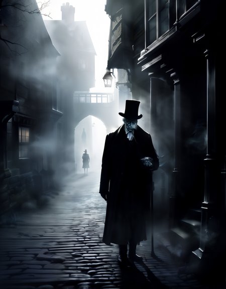 photo realistic contrast shadows spectral figure of a ghostly old man smoking a pipe walking stick  Victorian streets Dickins  standing  facing camera vapour misty haunting translucent apparition  BREAK  <lora:DarkAlley:0.8> dark, alley, with, stone, building, night, street, tower cobblestone moonlight orange lanterns <lora:Add More Details- High -detail++:0.5>  <lora:epi_noiseoffset2:0.2>