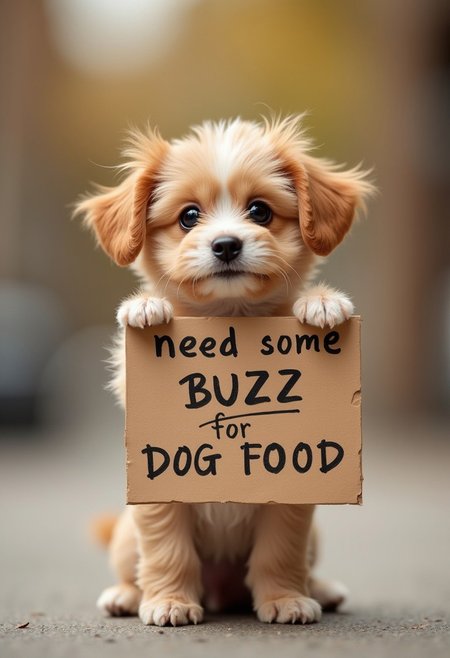 cute tiny dog  holding a sign say "need some buzz for dog food"