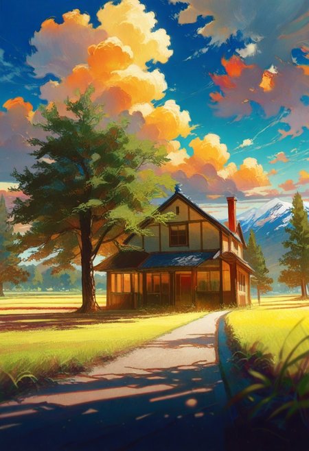 by potg \(piotegu\), masterpiece, best quality, amazing quality, very aesthetic, very awa, absurdres,  extremely detailed, (depth of field), (diagonal shot with rotation), (foreshortening), blue sky, building, cloud, cloudy sky, dirt road, grass, house, no humans, outdoors, road, scenery, sky, tree, thick oil painting,