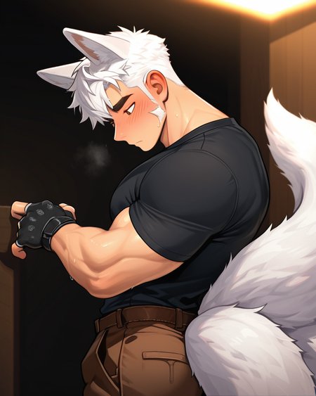 masterpiece, best quality, amazing quality, 1boy, solo, masterpiece, best quality, animal ears,short hair, muscular, pants, tails, white hair, brown pants, shirt,black shirt, blush,gloves,fox ears,fingerless gloves,fox tail, 9 tails, fox boy, sideburns, volumetric lighting, breeze style, muscular man,  <lora:Bree_Style_Hv1:0.6>