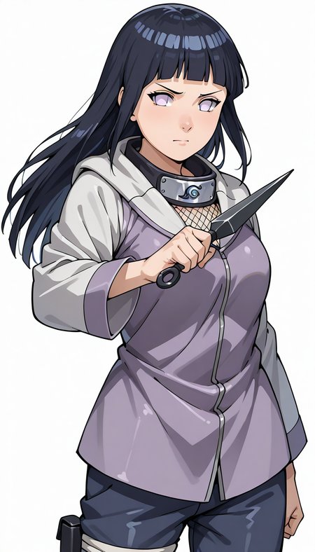 hinata1x, villageoutfit, determined, kunai, white background <lora:Hinata_ILL:1>