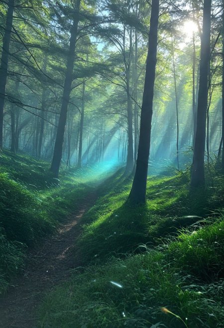 A seductive siren in a dark and misty forest, surrounded by glowing fireflies