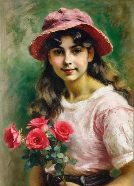 podkowinski portrait of a beautiful brunette girl in a cap and a T-shirt with a rose <lora:podkowinski:0.9>
