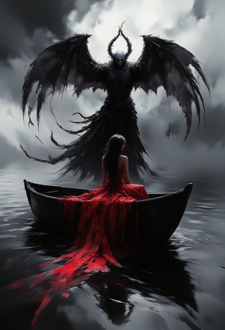 black water, black sky, in the sky the silhouette of a huge ephemeral transparent dementor in a black robe, reflection, a woman in a black boat in the middle of the ocean in a bright red dress with a very long plume. the plume of the dress flows over the water, long black hair fluttering in the wind, dark fantasy, thick black fog, realistic, hyper-detailed, kodak 50mm lens, professional photoshoot, full-hight scene view