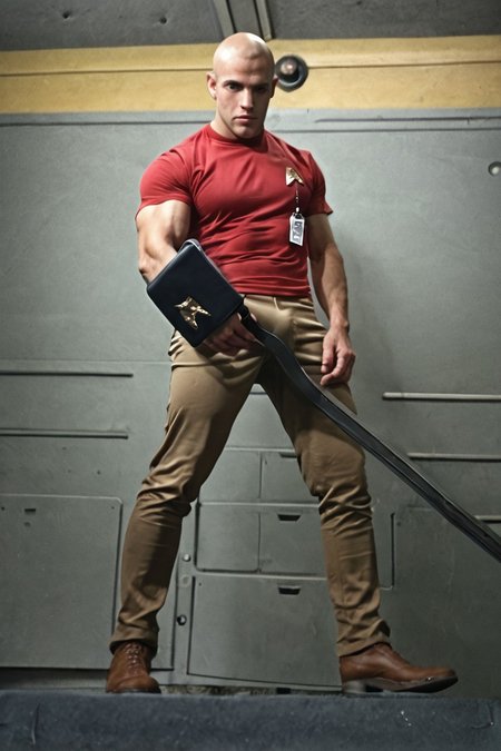 1boy, 20 year old male, Handsome, masculine, blonde, star trek, red shirt, muscle,  tall, tight shirt, wide pectorals, big shoulders, wide shoulders, muscular neck, German, standing at attention, bald, big pale blue eyes, abs, biceps, serious facial expression, phaser, hand, long bulge in his pants, ((((view from below)))),
1960 black dress pants, pants,
stunf, star trek uniform, uss enterprise ncc-1701 interior background, star trek, space ship interior, 1960s TV,