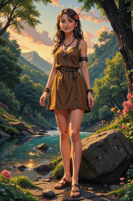 wedge cut ash brown hair young woman, druid, anime, illustration, extremely detailed, portrait, standing, happy smile, flower in hair, glossy lipstick, celtic necklace, rope earrings, loincloth, sandals,  Musket Brown druid short dress, legs, sharp focus, fantasy, celtic landscape, small rock, moss, ripples, reflections, celtic  castle, small river pond, druid forest, druid village, stunning nature environment, enchanted land, clovers, Bright Blush Pink flowers, best quality, colorful, wet floor, bright sunny sky, sunset, raytracing, hdr, high contrast, ethereal natural lights, backlight, lens flare, shadows, vibrant colors, colorful, pretty, beautiful, happy, smiling, feminine, sexy, lovely, in love, adorable, fashion,  <lora:Hand v2:1> <lora:Anti-Blur:1><lora:Insane Detail Slider:0.5>  <lora:flux.1_lora_flyway_Epic-detail_v2:0.3><lora:fluxenhancer:0.5> <lora:RetroAnimeFluxV1:0.4> <lora:Luminous_Shadowscape:0.4> <lora:SujatmikoArafuru_Flux:0.2> Suzume style