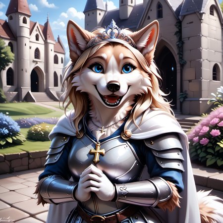 realistic, highres, super high resolution, 8k, photo, F.M PDXL, anthro, rostran style, whtfx, soft body fur, anthro, female dog, white fur, blue eyes, long blonde hair, silver knight armor, armored skirt, praying, medieval castle, garden, arch, canine teeth, fluffy tail, ear tuft, silver cross necklace, silver tiara, open smile, stone wall, white cape, belt, solo,