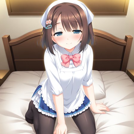 <lora:Seguchi_Mahiru_1_nai-000041:1>,Seguchi Mahiru,
hairclip,hair flower,pink flower,head scarf,kappougi,white apron,black pantyhose,blue skirt,frills,white shirt,collared shirt,pink bowtie,sleeves rolled up,pleated skirt,frilled skirt,
BREAK
1girl,solo,smile,on bed,kneeling,arm support,blush,half-closed eyes,front view,looking_at_viewer,face_focus,