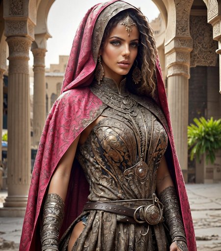 RAW photo, (masterpiece:1.3), subsurface scattering, heavy shadow, (high quality:1.4), (intricate, high detail:1.2), professional photography, HDR, High Dynamic Range, realistic, ultra realistic, photorealistic, high resolution, film photography, ambient lighting, atmospheric effects, <lora:detail_slider_v4:2>, OverallDetail,  <lora:BootyLatina:1>, bootylatina, earrings, dark makeup, jewelry,  <lora:ArabianArmor:0.7>, arabian clothes, arar, armor, belt, brown gloves, cape, cloak, dark skin,  looking at viewer, male focus, sheath, solo, standing, upper body,