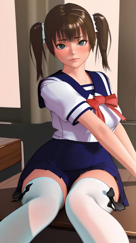amazing quality,absurdres,best quality,masterpiece,highres,newest,detailed,detailed body,detailed face,masterpiece,best quality,solo,3d,realistic,
Imbalancegirl,1girl,solo,school uniform,thighhighs,twintails,brown hair,skirt,desk,serafuku,<lora:Imbalance_Girl:0.9>,
sitting,looking at viewer,