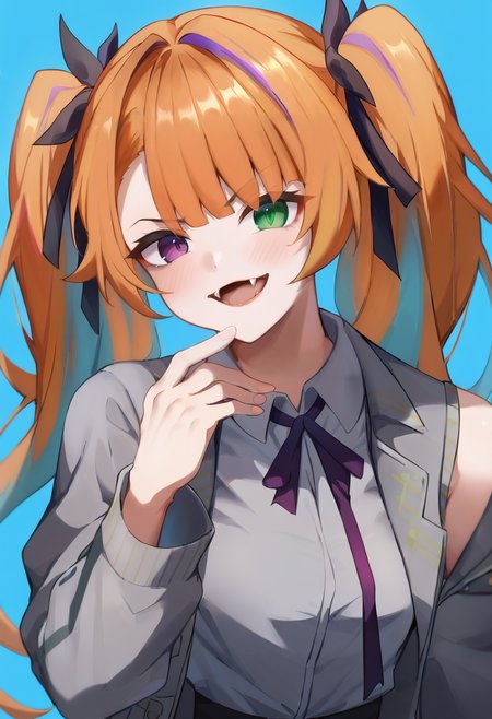 score_9, score_7_up,  1girl, 
multicolored hair, heterochromia, purple ribbon, collar, shirt, grey jacket, jacket, collared shirt, hair ribbon, ribbon, grey shirt, purple eyes, holding, open mouth, long hair, purple hair, two-tone hair, orange hair, blue background, open jacket, twintails, grey sleeves, looking at viewer, solo, long sleeves, streaked hair, black ribbon, hand up, fangs, blush, detached sleeves, open clothes, sleeveless jacket, green eyes, v-shaped eyebrows, sleeveless, upper body
 <lora:shirotategosha-Style-PonyXL-DoRA-000039:1>