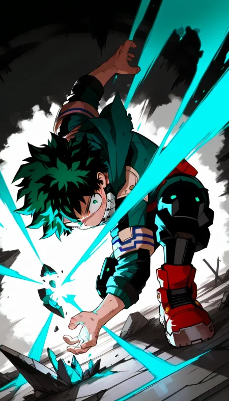 (masterpiece, best quality), amazing quality, very aesthetic, absurdres, highres, newest, dak depth, depth filed, intricate detailed, 
1boy, midoriya izuku, black, dutch angle, fighting stance, volume coloring, effect, broken, intense angle, <lora:748cmSDXL:0.6>, <lora:薄塗り:0.4>, <lora:ponyv5_noobV065S_1:0.8>, <lora:spo_sdxl_10ep_4k:0.6>, <lora:MeMaXL4:0.8>, <lora:GBF_Illustrious:0.45>