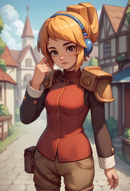 score_9, score_8_up, score_7_up, masterpiece, 1girl, source_anime, ctianicon0, long sleeves, brown shorts, pantyhose, boots, shoulder pads, looking at viewer, outdoors, town, depth of field, hand up, portrait, looking at viewer, day, <lora:Robin_Iconoclast_pony_ct:1>
