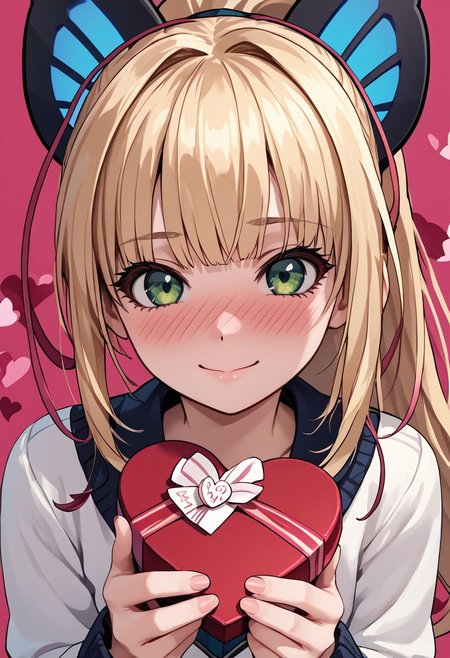 score_4,score_5,score_6,score_7_up,score_8_up,score_9 ((masterpiece,best quality,ultra detailed,highres,HD,4k:1.2)), 
1girl, solo,solo focus,girl focus,face focus,
Joule(GV2),long hair,blonde hair,side locks,multicolored hair,ponytail,hair ornament,butterfly hair ornament,green eyes,
upper body,
pov,from the front, front view, front angle, 
Happy Valentine's Day, Valentine's chocolate, holding wrapped chocolate, 
heart background, 
full face blush,Embarrassing,smile,closed mouth,