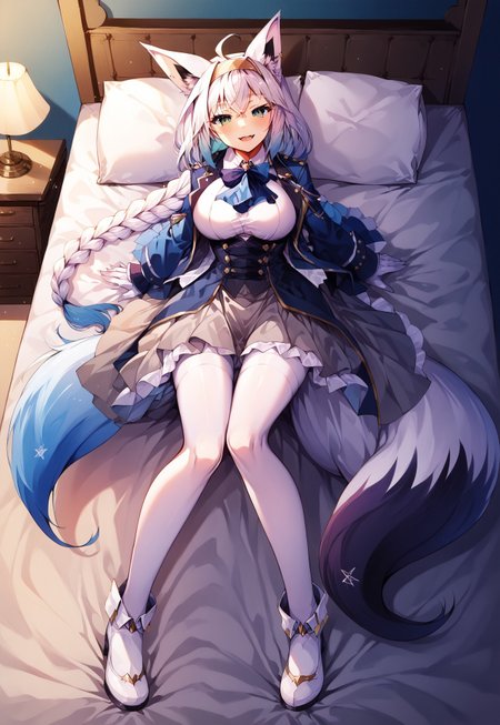 safe_pos, safe_pos, safe_pos, safe_pos, safe_pos, safe_pos, score_9, score_8_up, score_7_up, score_6_up, masterpiece, source_anime, high quality, perfect face, detailed eyes, perfecteyes, perfect balance, detailed face, perfect lighting, detailed background, uncensored, newest, absurdres, highres, very aesthetic, indoor, bedroom, bed, big bed, luxury bed, windows, night, 
uncensored, 
fubuki, white hair, single side braid, ahoge, piercing, fox tail,
fubuki_elegant, braided ponytail, blue coat, blue ascot, corset, collared shirt, grey skirt, frilled skirt, white pantyhose, white gloves, hairband, white hair, piercing, fox tail,
 1girl, solo, open mouth, smile, large breasts, pleasured, full body, long legs, larger female, tall female, looking at viewer, long calves, long legs, thin thighs, tall_girl,long_legs,  lying on bed, half closed eyes, naughty face, multicolored hair, from above, fangs