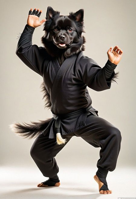 black fluffy dog ninja, drunken fist, fight stance, high kick, split,