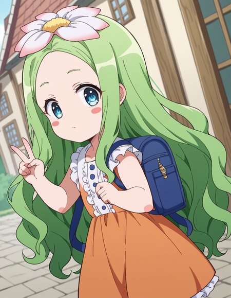 score_9, score_8_up, score_7_up, source_anime, <lora:celine-darkness-ponyxl-lora-nochekaiser:1>, celine, long hair, blue eyes, hair ornament, flower, green hair, hair flower, wavy hair, blush stickers,, dress, backpack, orange dress, frills,, village, houses, community, rural, farms, , v,, looking at viewer, solo,, dutch angle, cowboy shot