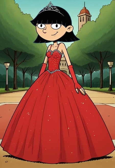 score_9_up,score_8_up,score_7_up,score_6_up,score_5_up,score_4_up BREAK rhonda,black hair, black eyes, bob cut, blunt bangs, Very large red floor length gown, ball gown, rhimestones. She is also wearing a tiara, hoop skirt, dome shape skirt, quinceanera, prom, pageant, long elbow length red fingerless Satin bridal gloves, contrapposto, hand on own hip, park, tree, building,smile,arm at side, leaning to the side, dutch angle, looking at viewer,    <lora:RhondaPony:1>