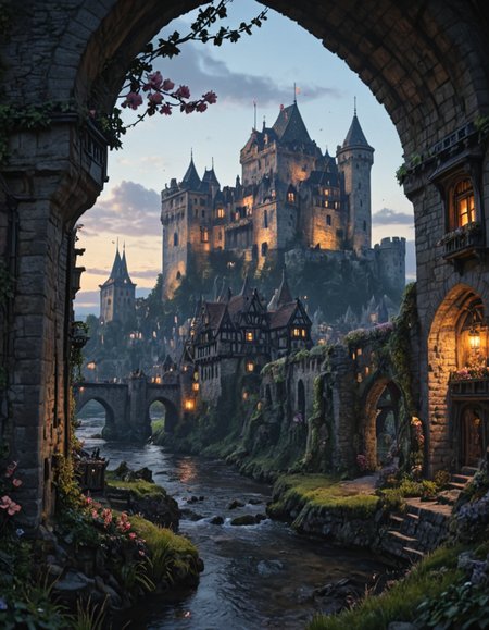 <lora:Medieval_Worlds_outsidexl:1> mw01out, medieval, very detailed, river, moss, illuminated, city lights, vegetation, sunset, high castle in the background, castle bridge, high tower, high tower in the background, high castle, tower, flowers, roots, grass,