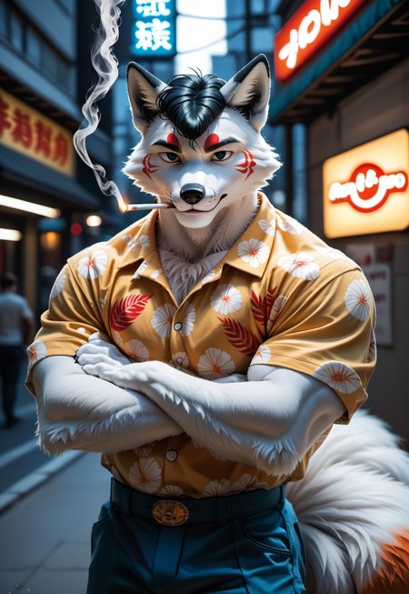 score_9, score_8_up, score_7_up, score_6_up, Anthro Fox, kitsune, ((white fur, red markings,)) multiple tails, hawaiian shirt, tan slacks, perfect anatomy, (Neon signs, night background) tokyo street background, hyper muscles, male, highres, (realistic:1.4), perfect sharpness, (fox furry), very silky detailed fur, tail, paw, animal ears, ((black hair, pompadour, black eyes, smoking cigarette))