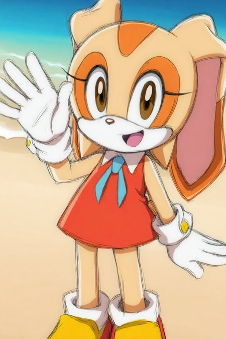 feminine, masterpiece, best quality, newest, absurdres, highres, cream the rabbit, furry, rabbit girl, rabbit ears, red dress, gloves, brown eyes, blue ribbon, neck ribbon, looking at viewer, waving, beach, socks, shoes,
BREAK
dynamic background,   <lora:Cream_The_Rabbit_IL:1>