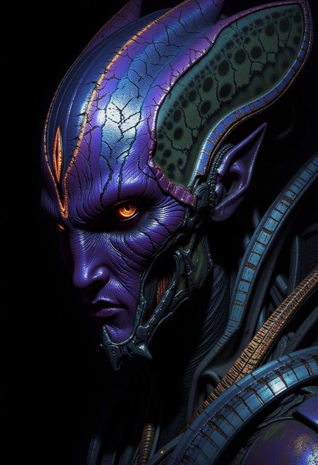 A digital painting portrait in the style of ck-js, portraying a beautiful woman from a resilient, Zerg-inspired exotic species, bearing subtle signs of her past. Her features are striking, possibly marked by fine, healed scar patterns across sections of iridescent carapace (shifting purples, greens, blues) integrated into her skin or forming part of her natural defenses. Faint bio-luminescent traceries (cool whites or pale yellows) might highlight these features. Her gaze is strong and enduring, hinting at experiences without being overtly grotesque. Her beauty is defined by strength and survival. Focus on exotic beauty marked by resilience, iridescent textures, and quiet power.