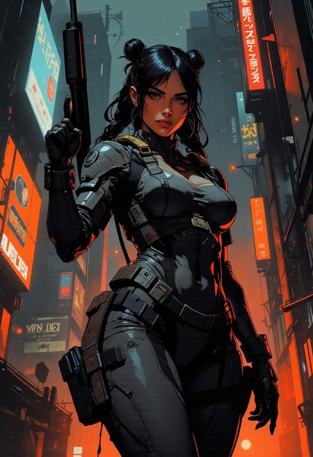 magnificent, closeup portrait, female bounty hunter, braided black hair, futuristic armor, halo spartan, spartan armor, armor plating, sexy, curvy, large breasts, large ass, aiming an assault rifle, assault rifle, aiming rifle, holstered pistol, Cyberpunk City, Neon Lights, foreshortening,
solo, 
Cowboy Shot, close up, from above,