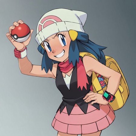 score_9, score_8_up, score_7_up, score_6_up, score_5_up, zPDXL2, max detail, 4k wallpaper, masterpiece, best quality, absurdres, highres, dynamic angle, dynamic pose, source_anime, PokemonStyle, pokemon \(anime\), pokemon \(classic anime\), flat color,
 <lora:Pokemon:1>
1girl, dawn \(pokemon\), poke ball, hat, poke ball (basic), beanie, scarf, blue eyes, pokemon (creature), smile, skirt, holding poke ball, holding, piplup, bag, blush, long hair, pink skirt, red scarf, sleeveless, white headwear, shirt, black hair, grin, hair ornament, bracelet, hand on hip, sleeveless shirt, hairclip, yellow bag, black shirt, jewelry, backpack, watch, teeth, wristwatch, looking to the side