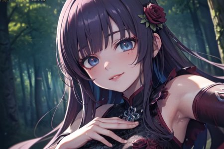 (masterpiece:1.4), 4K8K, (anime style), (high shutterspeed:1.4), (sharp edges), 
SyFyEye1, 
1woman  hands togather,  leaning foward, face focus, smile, closed mouth, 
wearing Celtic style dress, (Detailed face, Detailed eyes, Detailed lips), 
any colored roses, Fantastic Forest at night,