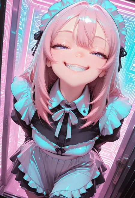 smooth positive, masterpiece, best quality, good quality, newest, highres, absurdres, 8K, bright colors, multicolored background, neon palette,  pov peephole, peephole, dutch angle,  1girl, CivChan, grin, purple eyes, pink hair, arms behind back, looking at viewer, maid headdress,
masterpiece, best quality, good quality, newest, highres, absurdres, 8K, bright colors, <lora:add-detail-xl:2> <lora:unfazed mixed gothic - IL:0.6> <lora:CivChan:1>