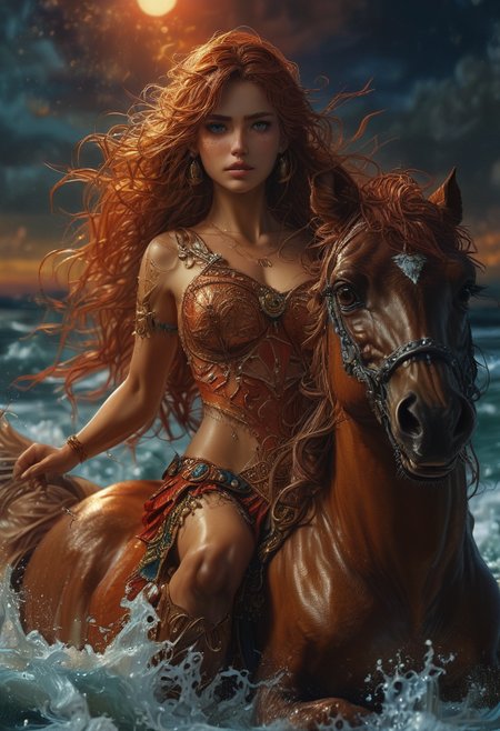 High resolution ultra-realistic full body shot of a beautiful Amazon  warrior Princess, An Amazon warrior Princess, wearing Amazon garb, riding a red horse in the surf at midnight, full body in frame, wavy red hair, realistic brown eyes, perfect athletic figure, handsome pale face, beautiful perfect detailed pupils, wet oily shiny skin, beautiful firm Breasts, defiant and seductive, sexy 20 year old girl, 8k resolution portrait by Edward John Poynter, Preraphaelite art, Dark Ages, Artgerm, WLOP, Keith Parkinson dynamic lighting hyperdetailed intricately detailed Splash art trending on Artstation triadic colors Unreal Engine, 5, volumetric lighting, Cinematic Lighting, intricate, smooth, sharp focus digital painting, Asymmetrical Balance, hyperdetailed painting, dynamic lighting <lora:detailed_notrigger (1):1> <lora:sdxl_lightning_2step_lora:1>