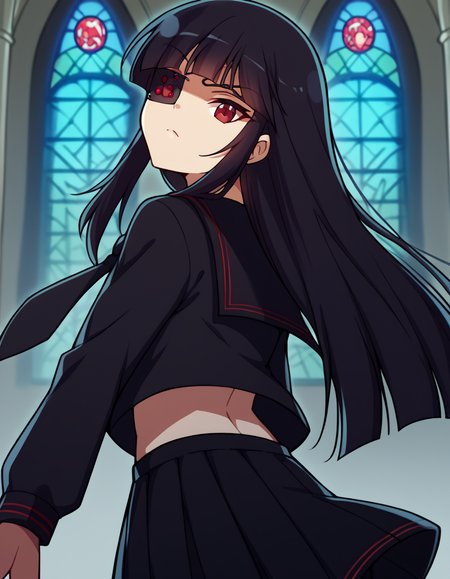 score_9, score_8_up, score_7_up, source_anime, <lora:sk-mirai-s1-ponyxl-lora-nochekaiser:1>, mirai, long hair, black hair, red eyes, eyepatch, bangs, blunt bangs,, skirt, shirt, long sleeves, navel, school uniform, pantyhose, pleated skirt, necktie, serafuku, midriff, black skirt, sailor collar, black shirt, black sailor collar, black serafuku,, church, steeple, pews, altar, holy, , <lora:shaft-look-ponyxl-lora-nochekaiser:1>, shaft look, looking back, from behind, head tilt,, looking at viewer, solo,, dutch angle, cowboy shot