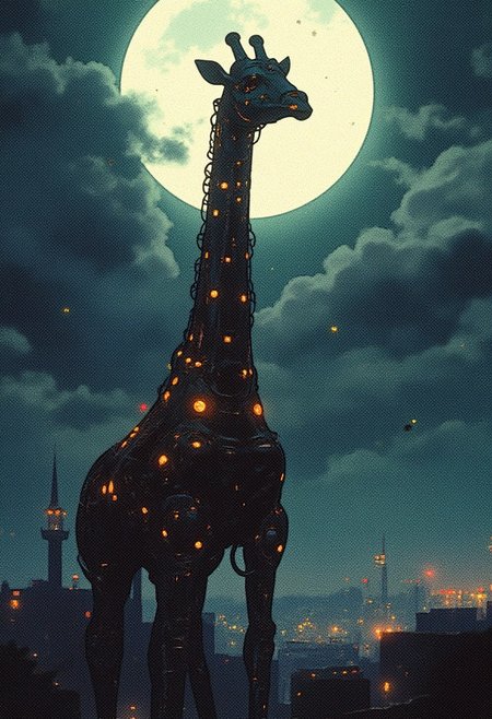 A towering mechanical cyberpunk giraffe stands in the foreground, illuminated by the soft glow of the full moon. Its sleek, metallic body glimmers with intricate details, wires, and glowing circuits. The scene is set in a dystopian nightscape, with a dark, clouded sky and a cold, industrial atmosphere. In the distance, the glowing lights of a sprawling city flicker, casting an eerie light on the horizon. The giraffe's long neck stretches toward the sky, a symbol of both nature and machine in this bleak, futuristic world.