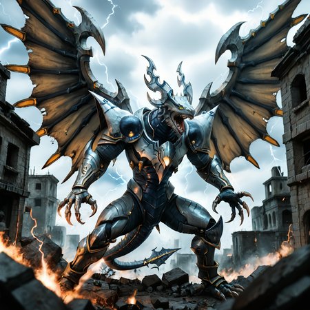 , score_9, score_8_up, score_7_up,  rating_safe,solo,no humans,dragon,dorugoramon,horns,yellow eyes,wings,tail,claws,open mouth,teeth,roaring,motion lines,spread_wings,fighting stance,outdoors,buildings,ruins,rubble,cloudy,storm,yellow eyes.lightning,photo,realistic,cinematic,HDR,DLSR,film grain,85mm lens, shallow depth of field, highly detailed, cinematic composition,<lora:DORUgoramonPony:0.95>