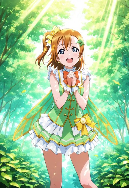 masterpiece, best quality, solo, 1girl, aged up, happy,
 honoka_kousaka, kousaka_honoka, blue eyes, brown hair, orange hair, one side up, short hair, hair bow, yellow bow, fairy idol costume, soft green and gold colors, translucent wing cape, leaf hair accessory, sparkling forest, morning dew, sunlight streaming through trees, singing among nature, gentle smile, pure and serene performance