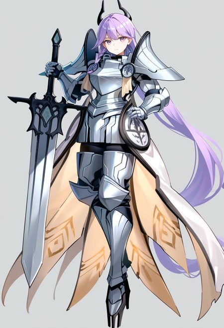 (score_9:0.9),score_8_up,score_7_up,rating_safe,anime style,(zPDXL),(zPDXL3),<lora:Dogmatika Fleurdelis the Knighted ponyXL v1:0.76>,1girl,solo,silver knight armor,huge silver sword,grey background,holding huge silver sword,silver armored gauntlets,full body,hand on hip,simple background,shield,closed mouth,silver armored boots,dogmatika fleurdelis,purple eyes,purple hair,