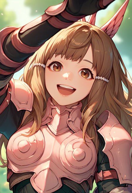 score_9, score_8_up, score_7_up, solo, 1girl, sumia, happy, looking at viewer, upper teeth, incoming headpat, arm up, brown hair, brown eyes, wing hair ornament, pink armor, gauntlets, outdoors <lora:concept_incomingheadpat_ponyXL:1.1> <lora:fesumia-pdxl-nvwls-v1:0.9>