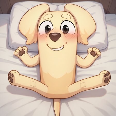 score_9, score_8_up, BREAK  <lora:janelleb:1> janelleb, furry, dog, smile, spread legs, bed, on back, looking at viewer, blush,