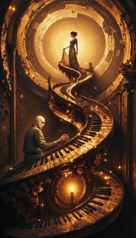 Bioluminescent, A hyperrealistic depiction of a surreal scene: a  piano keyboard morphs into a spiral staircase, ascending into a swirling vortex of golden, autumnal hues.  A figure with a porcelain mask, reminiscent of commedia dell'arte,  emerges from beneath the keys, their hand extended towards a lone female figure in a flowing gown at the apex of the staircase. Emphasize the juxtaposition of the organic and geometric, the tangible and ethereal, with a chiaroscuro  lighting style. Capture the melancholic beauty and enigmatic narrative inherent in the scene.