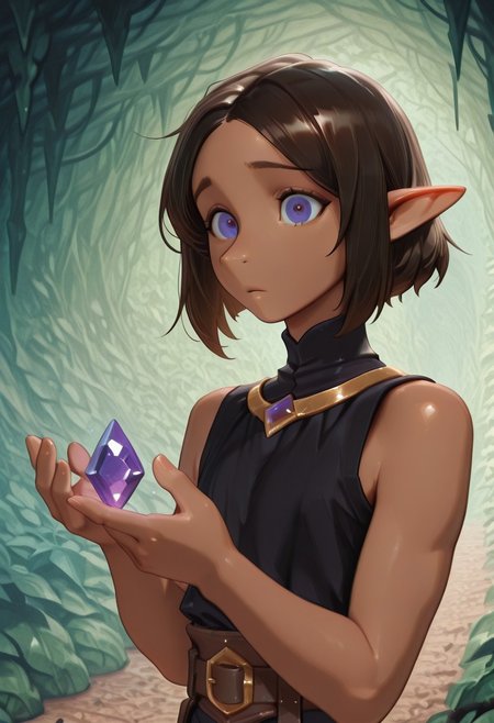 1 Lapanya, solo, Repeta, violet eyes, black sleeveless top,
Raised eyebrows, curious expression,
Holding purple gemstone in one hand, 4-sided gemstone, small gemstone,
organic cavern background, 
Medieval style, Smooth colors, detailed eyes, clean lines, high quality, best quality, masterpiece, rating: safe, source: anime,
