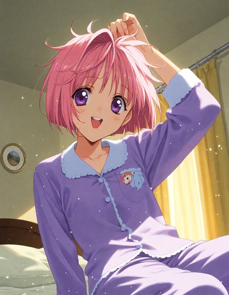 score_9, score_8_up, score_7_up, masterpiece, best quality, absurdres, official art, official style, (anime coloring, anime screencap, megami magazine, flat color:1.3), zPDXL2, zPDXLxxx,
<lora:Nanase_Aoi_Style_Pony_v1:1.0>, 1girl, solo focus, Nanase_Aoi_Style, (early_nanase:1.3)
bedroom, on bed, bed sheet, dim lighting, light particles, (from below:1.3), looking at viewer, dutch angle, 
, open mouth, short hair, pajamas, purple pajamas, bed, smile, arm up, bob cut, upper teeth only, purple eyes, sitting, pink hair, looking to the side, indoors, :d, curtains, teeth, messy hair