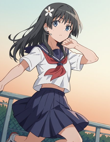 score_9, score_8_up, score_7_up, source_anime, <lora:saten-ruiko-s3-ponyxl-lora-nochekaiser:1>, saten ruiko, black hair, blue eyes, long hair, hair ornament, flower ornament,, blue skirt, pleated skirt, sakugawa school uniform, school uniform, serafuku, skirt, summer uniform,, suburban neighborhood, morning jog, earphones, running shoes, fresh air, sunrise, , looking at viewer, foot pointed, hand on chin, arm behind head, solo,, cowboy shot, dutch angle