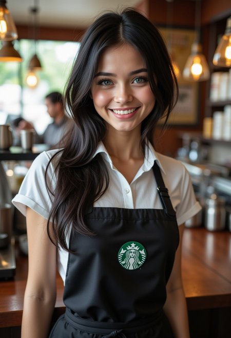 Bella Poarch 
A stunningly beautiful slim 20 year old with black hair and with a barista, looks like bella porch white blue eyes, cutest girl in the world and smiling at the viewer in her barista uniform, full body, serving coffee, starbuck
